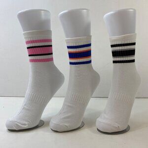 Womens Crew Socks Set 3 Stripes White Pink Blue Black Gray Orange